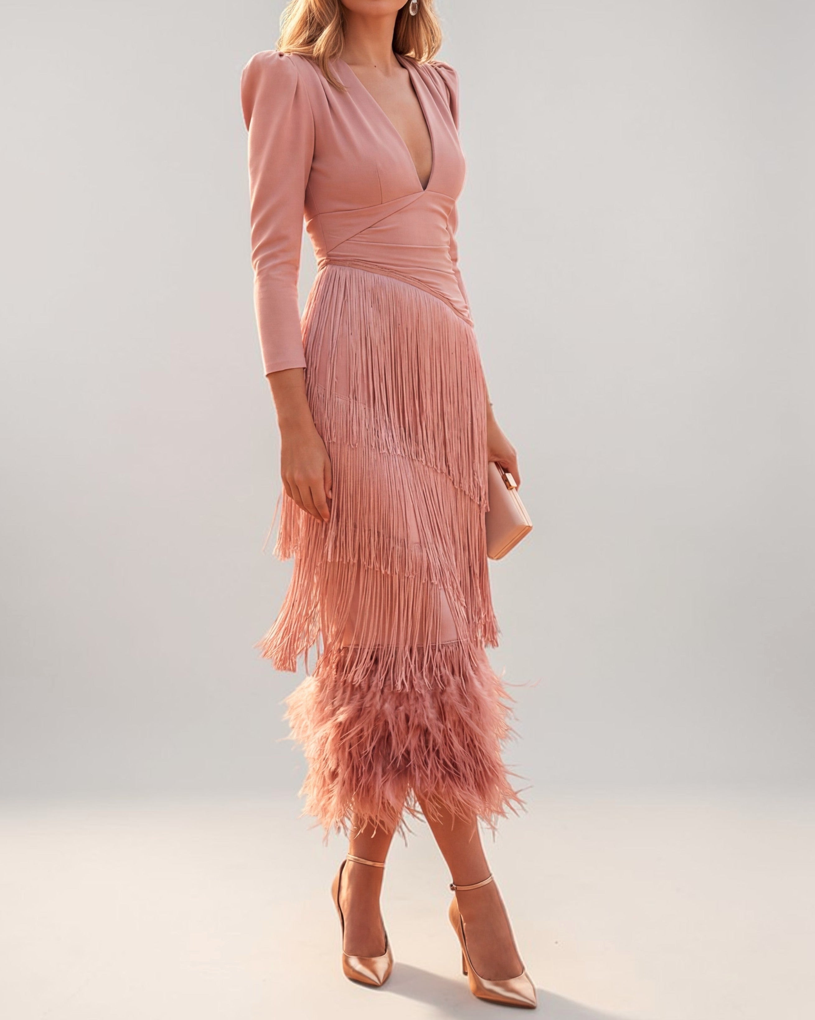 Damen Maxikleid V-Ausschnitt Drapierung Fransen – Elegantes Partykleid für festliche Anlässe | Saoirse
