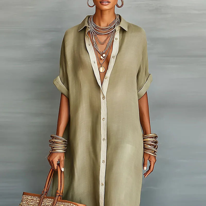 Damen Maxikleid mit Kurzarm und Hemdkragen – Lässig und elegant für Alltag und Freizeit | Theda