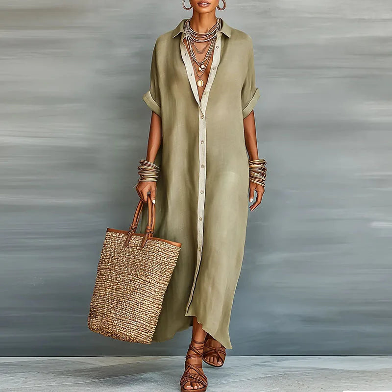 Damen Maxikleid mit Kurzarm und Hemdkragen – Lässig und elegant für Alltag und Freizeit | Theda