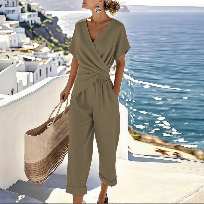 Women's Wrap Top & Cropped Trousers Two-Piece Set – Effortless Elegant Look | Eva