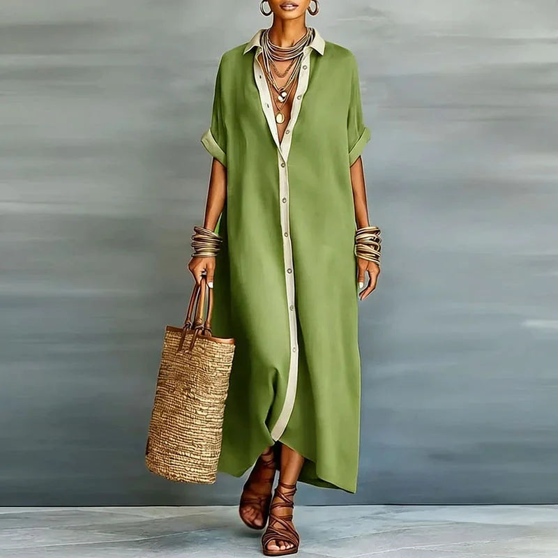 Damen Maxikleid mit Kurzarm und Hemdkragen – Lässig und elegant für Alltag und Freizeit | Theda