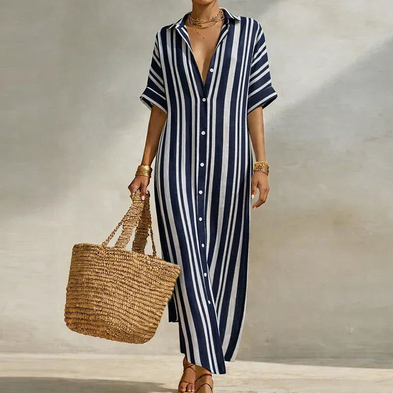 Women's Linen Long Shirt Dress – Striped V-Neck 3/4 Sleeve, Relaxed Fit | Nele