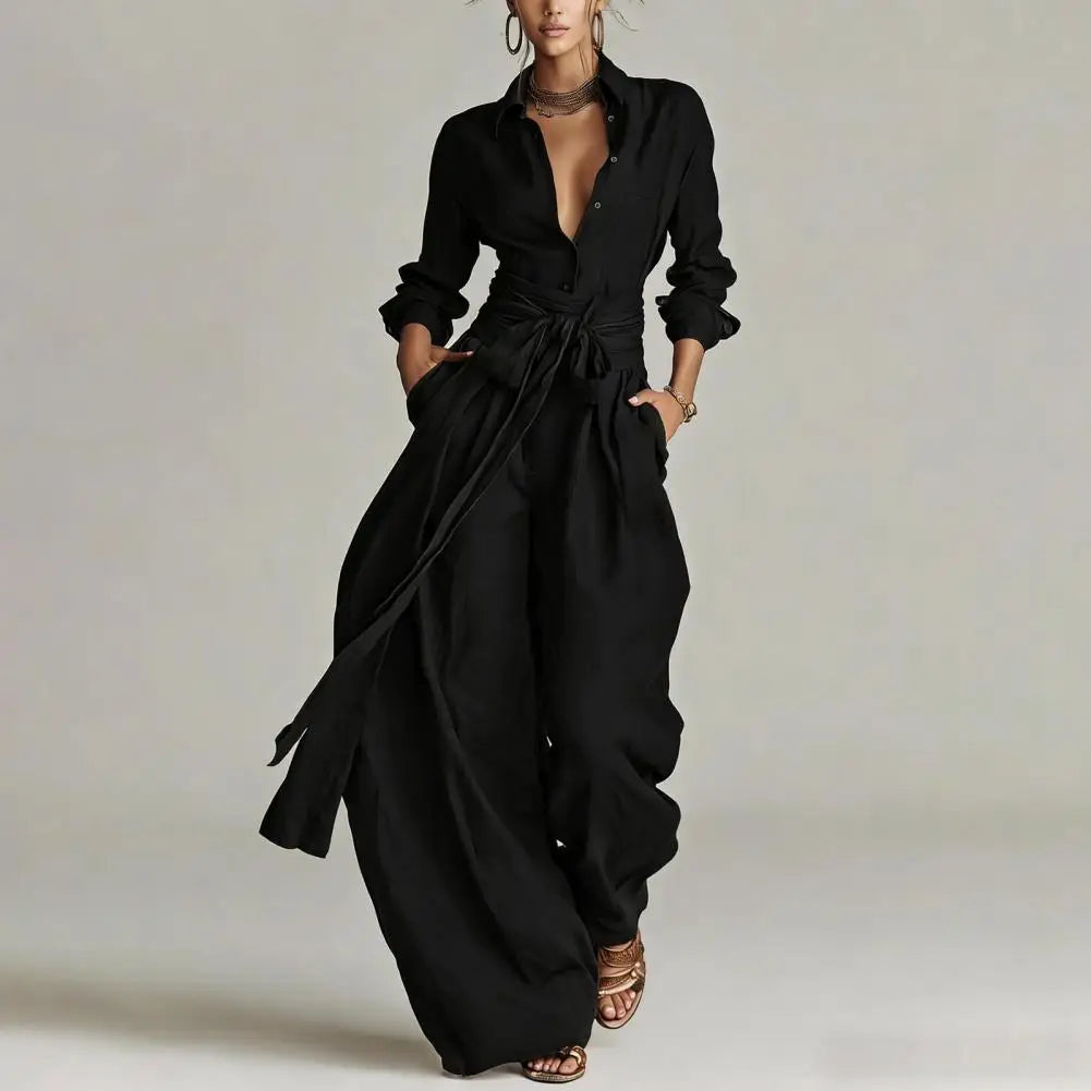 Women's Linen Trouser Set – Open-Collar Shirt & High-Waisted Wide-Leg Pants | Clara