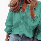 Damen Bluse fließend V-Ausschnitt Langarm mit Rüschenkante – romantisch-elegant für den Alltag | Elara