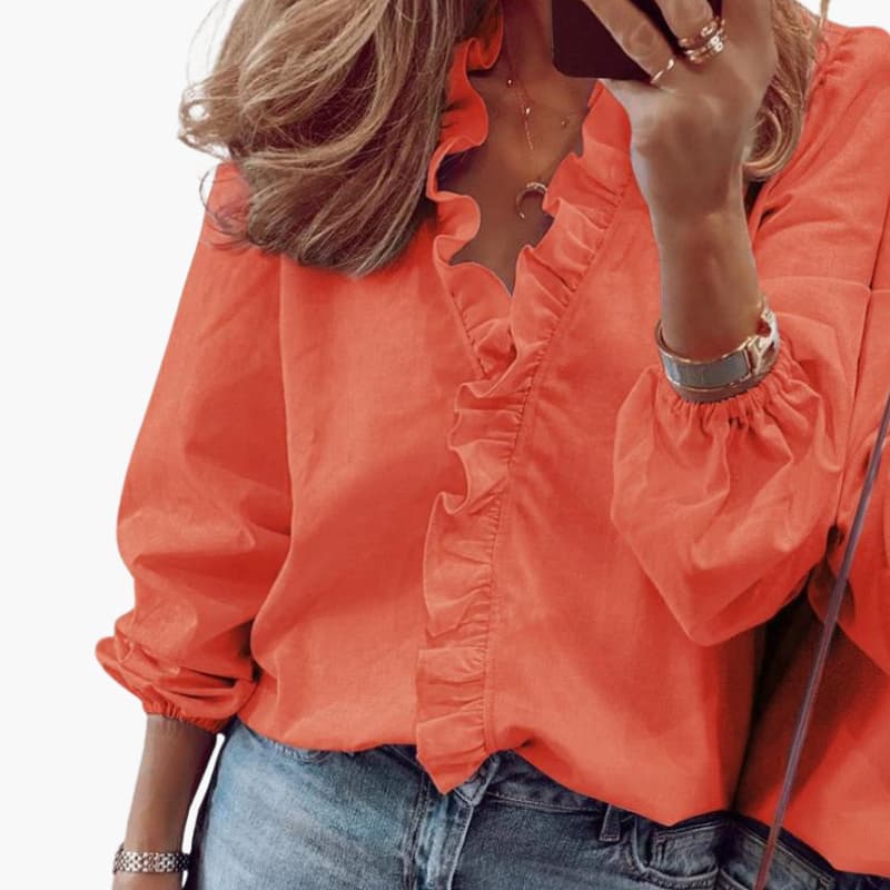 Damen Bluse fließend V-Ausschnitt Langarm mit Rüschenkante – romantisch-elegant für den Alltag | Elara