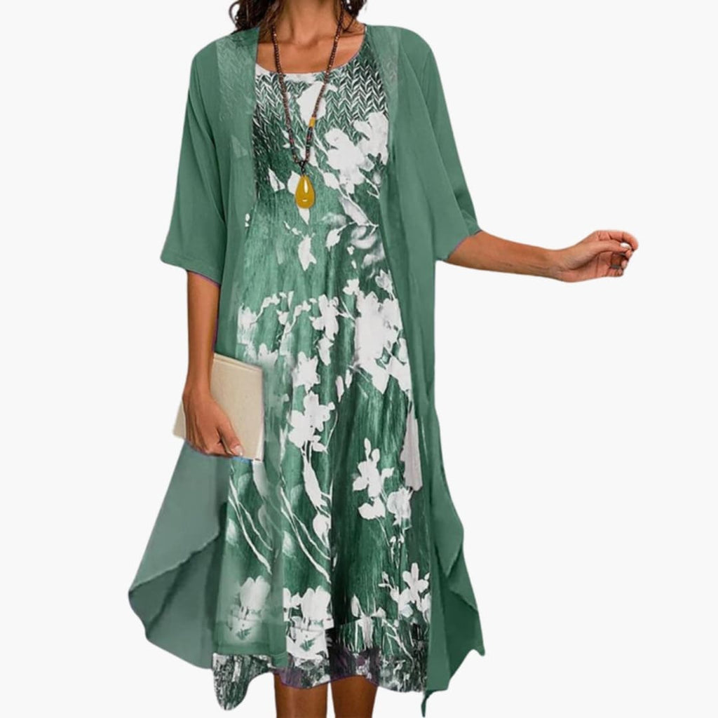 Damen Maxikleid mit Strickjacke Blumen-Set – zweiteilig, festlich | Dina