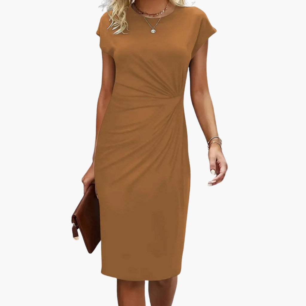 Damen Midikleid Rundhals Kurzarm tailliert – für Büro & Alltag | Sara