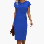 Damen Midikleid Rundhals Kurzarm tailliert – für Büro & Alltag | Sara