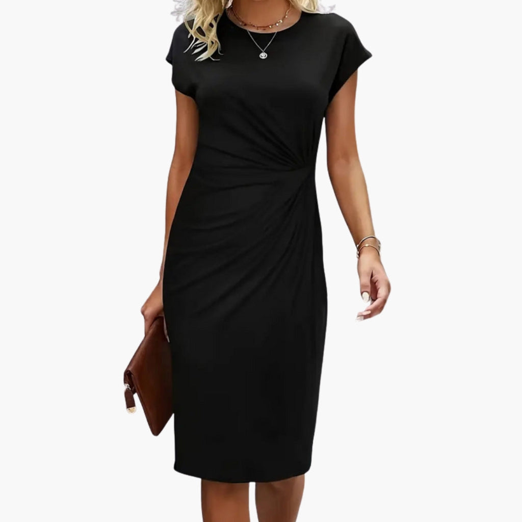 Damen Midikleid Rundhals Kurzarm tailliert – für Büro & Alltag | Sara