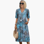 Damen Sommerkleid Midikleid bedruckt V-Ausschnitt – fließend, Kurzarm, für den Sommer | Margaret