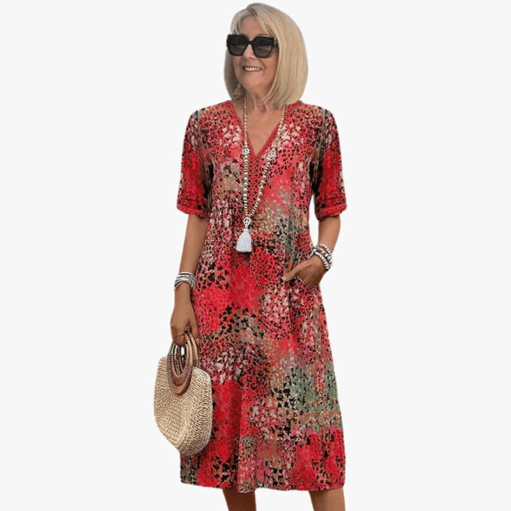 Damen Sommerkleid Midikleid bedruckt V-Ausschnitt – fließend, Kurzarm, für den Sommer | Margaret