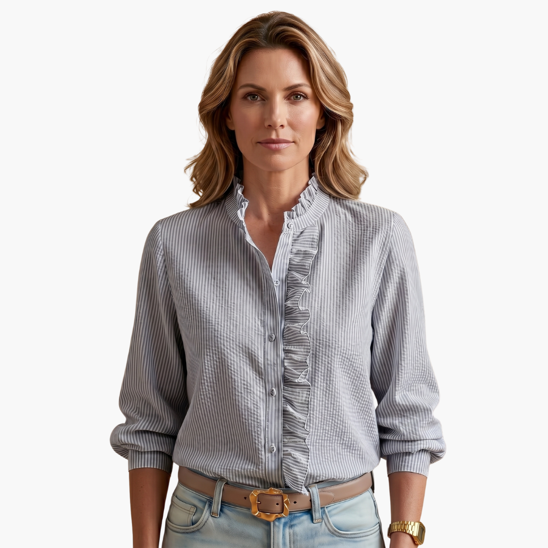 Damen Bluse Rüschenfront Knopfleiste Langarm – elegant für Büro und Abend | Vyta