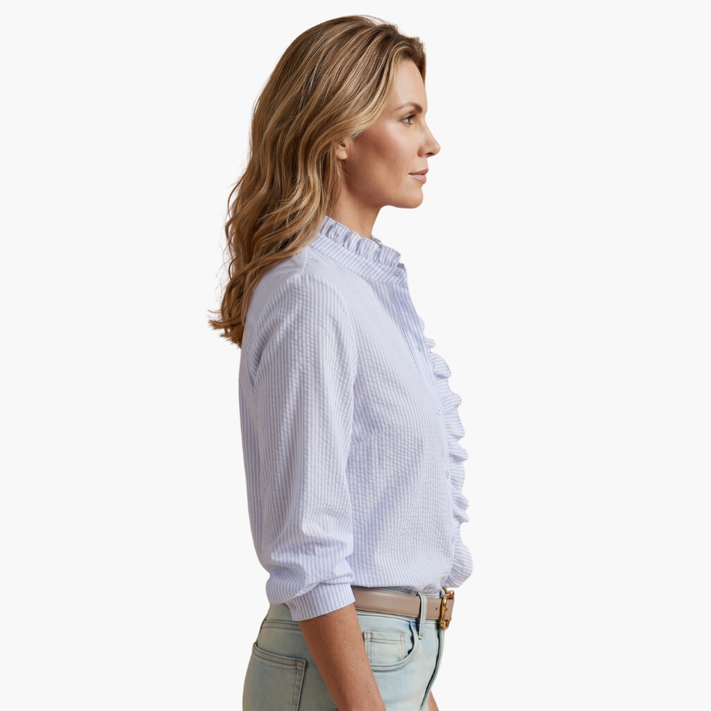 Damen Bluse Rüschenfront Knopfleiste Langarm – elegant für Büro und Abend | Vyta