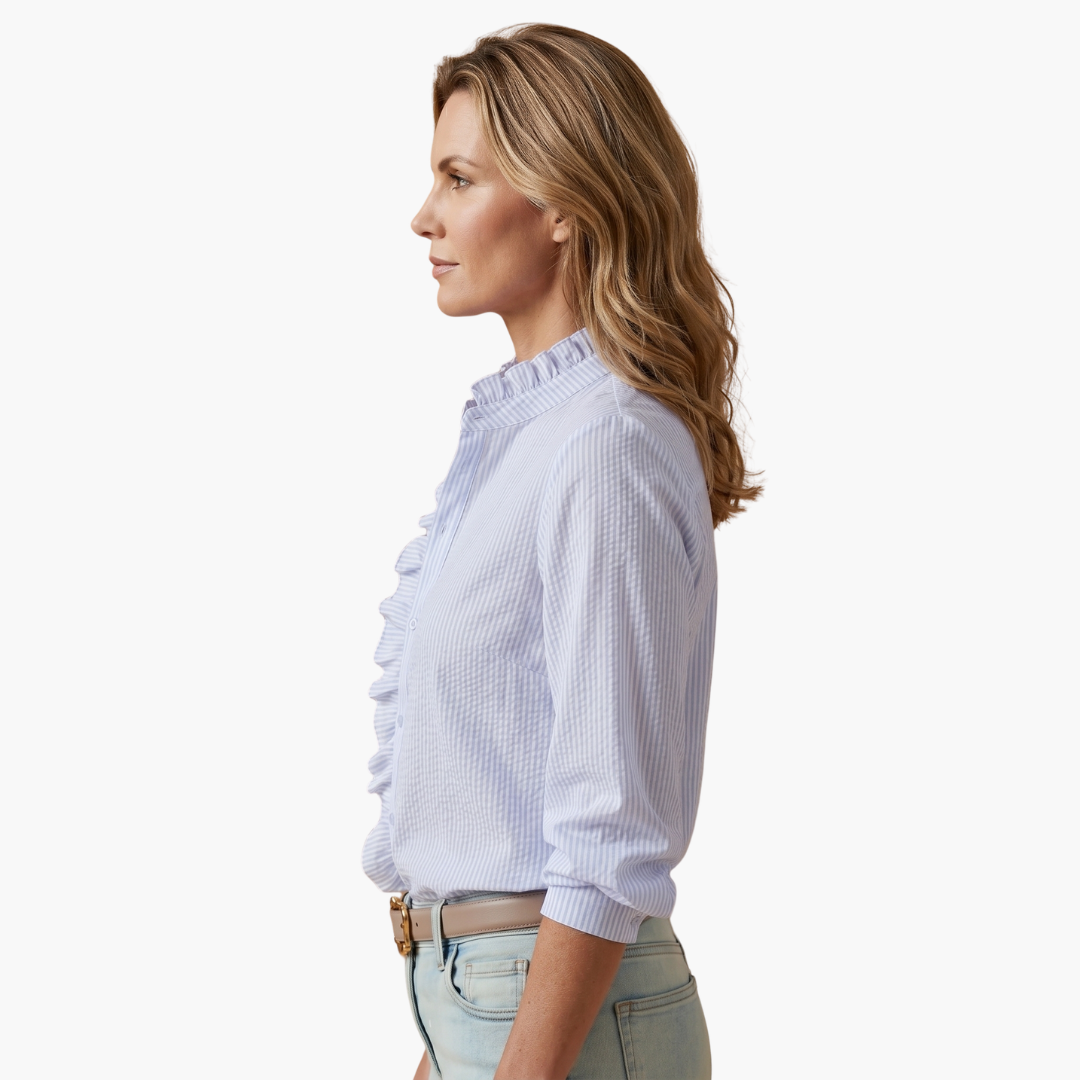 Damen Bluse Rüschenfront Knopfleiste Langarm – elegant für Büro und Abend | Vyta