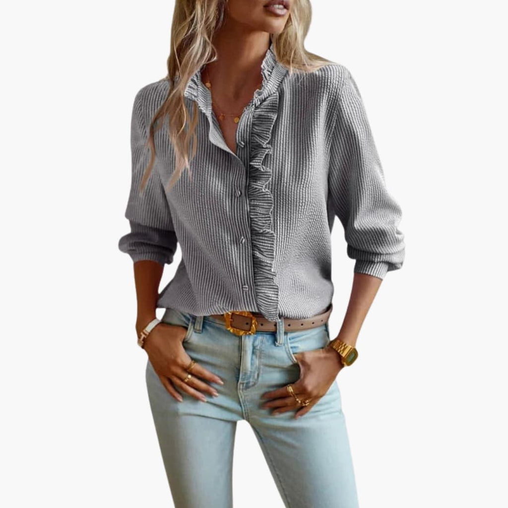 Damen Bluse Rüschenfront Knopfleiste Langarm – elegant für Büro und Abend | Vyta