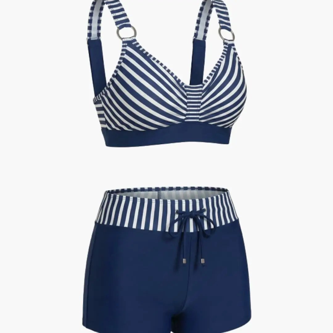 Damen Bikini-Set gestreift mit Badeshorts – Kordelzug-Bund für Strand & Pool | Ariel
