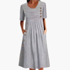Damen Midikleid Streifen Knopffront – 3/4-Arm, elegant für Büro und Alltag | Gina
