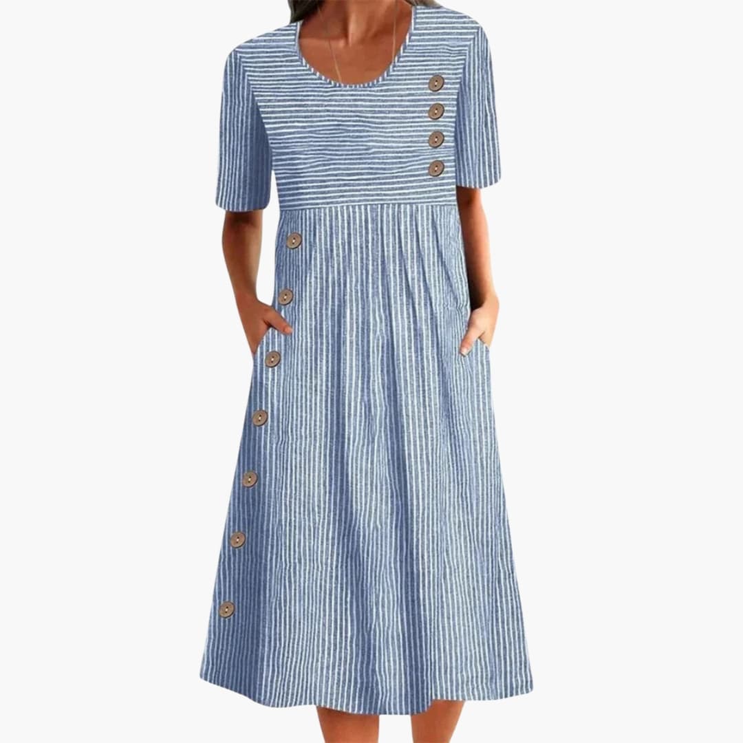 Damen Midikleid Streifen Knopffront – 3/4-Arm, elegant für Büro und Alltag | Gina