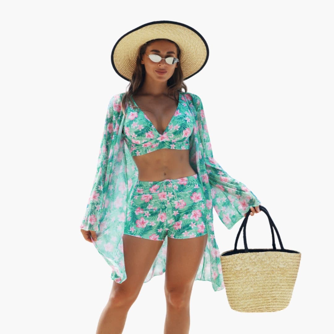 Damen Bikini-Set dreiteilig gemustert – gepolsterte Cups für Strand & Pool | Flera