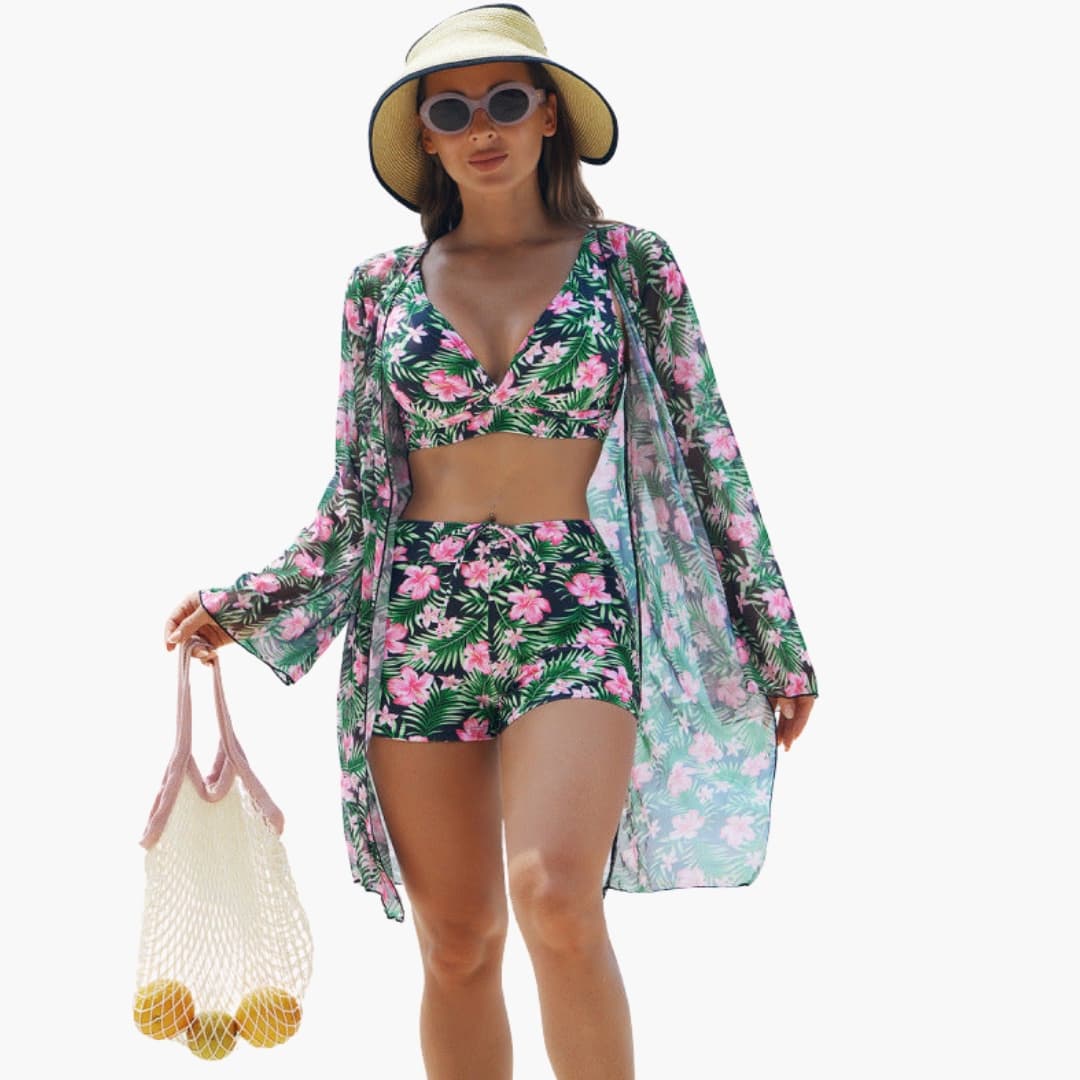 Damen Bikini-Set dreiteilig gemustert – gepolsterte Cups für Strand & Pool | Flera