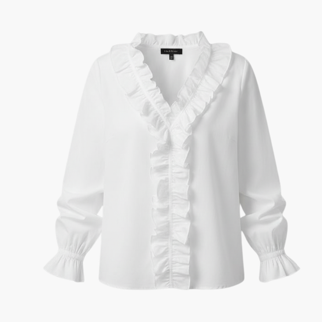 Damen Bluse fließend V-Ausschnitt Langarm mit Rüschenkante – romantisch-elegant für den Alltag | Elara