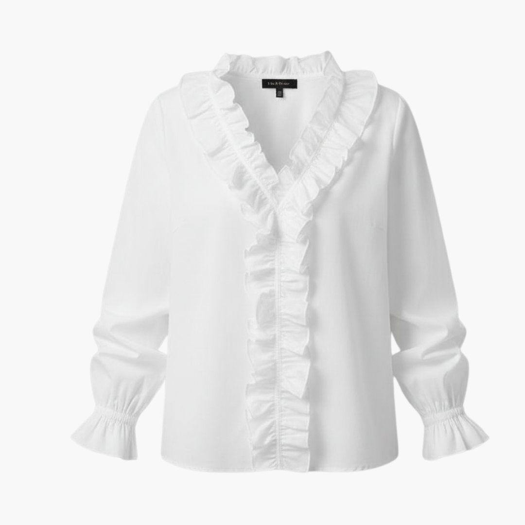 Damen Bluse fließend V-Ausschnitt Langarm mit Rüschenkante – romantisch-elegant für den Alltag | Elara
