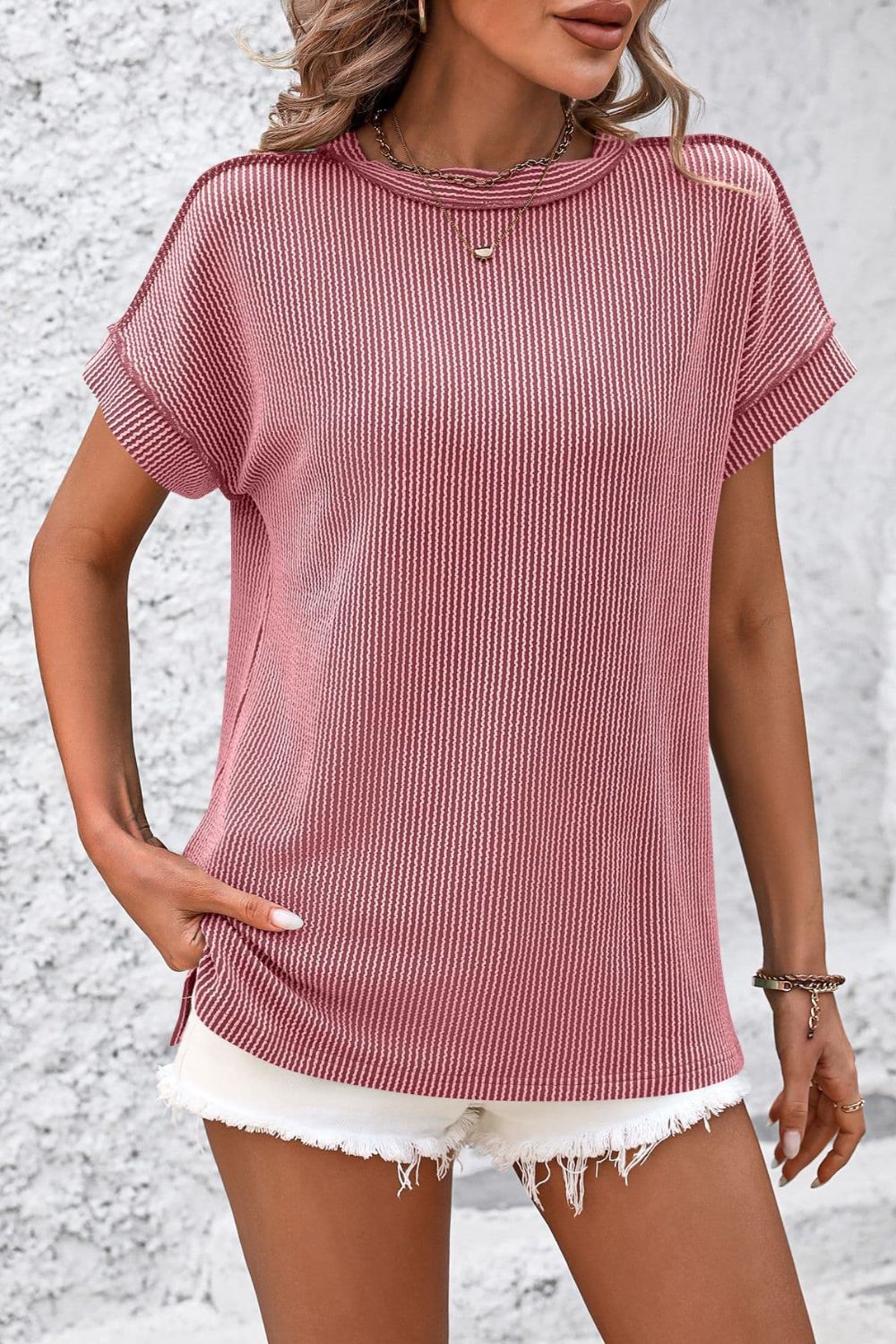 Damen T-Shirt Kurzarm Streifen gerippt Rundhals – zeitloser Alltagsbegleiter | Cleo