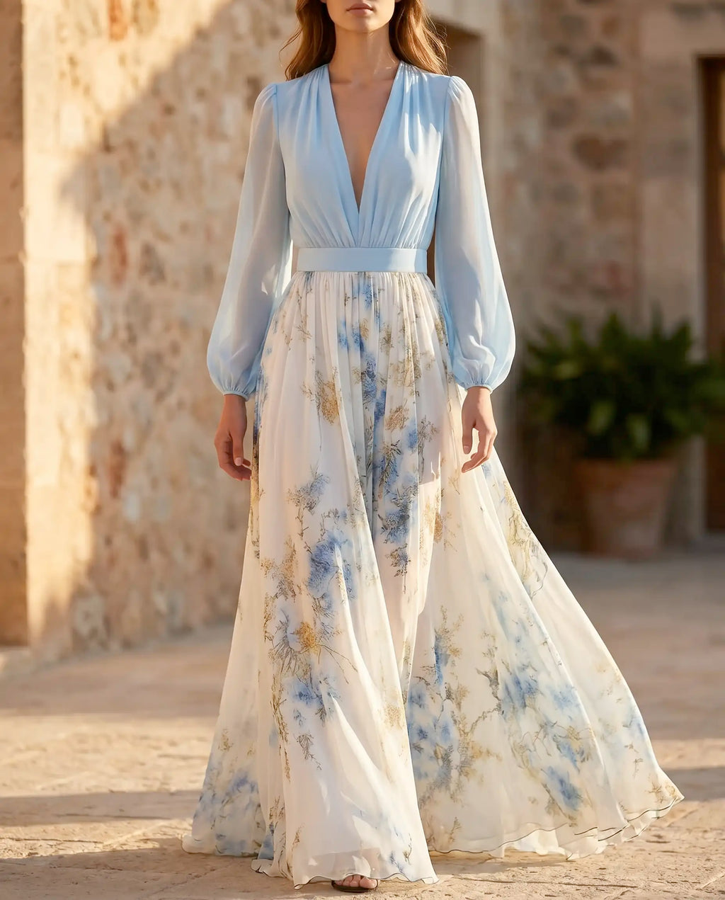 Damen Maxikleid Blumenprint V-Ausschnitt fließend – lebhafter Sommerlook für besondere Anlässe | Adeline