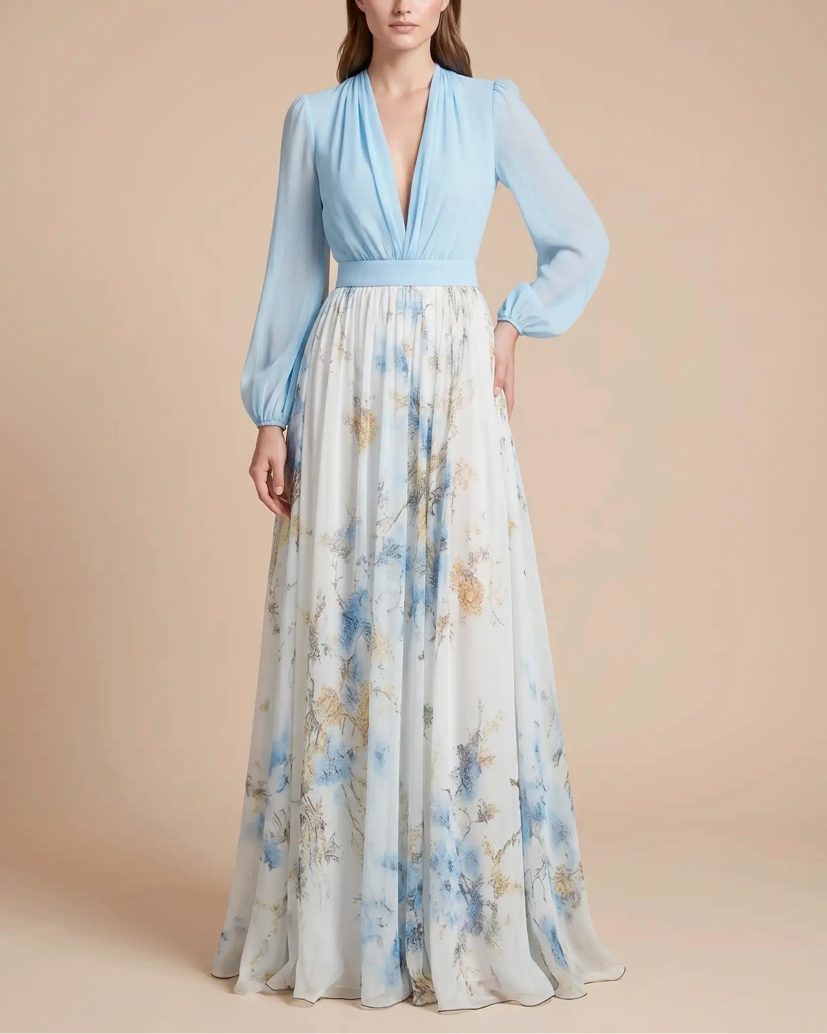 Damen Maxikleid Blumenprint V-Ausschnitt fließend – lebhafter Sommerlook für besondere Anlässe | Adeline