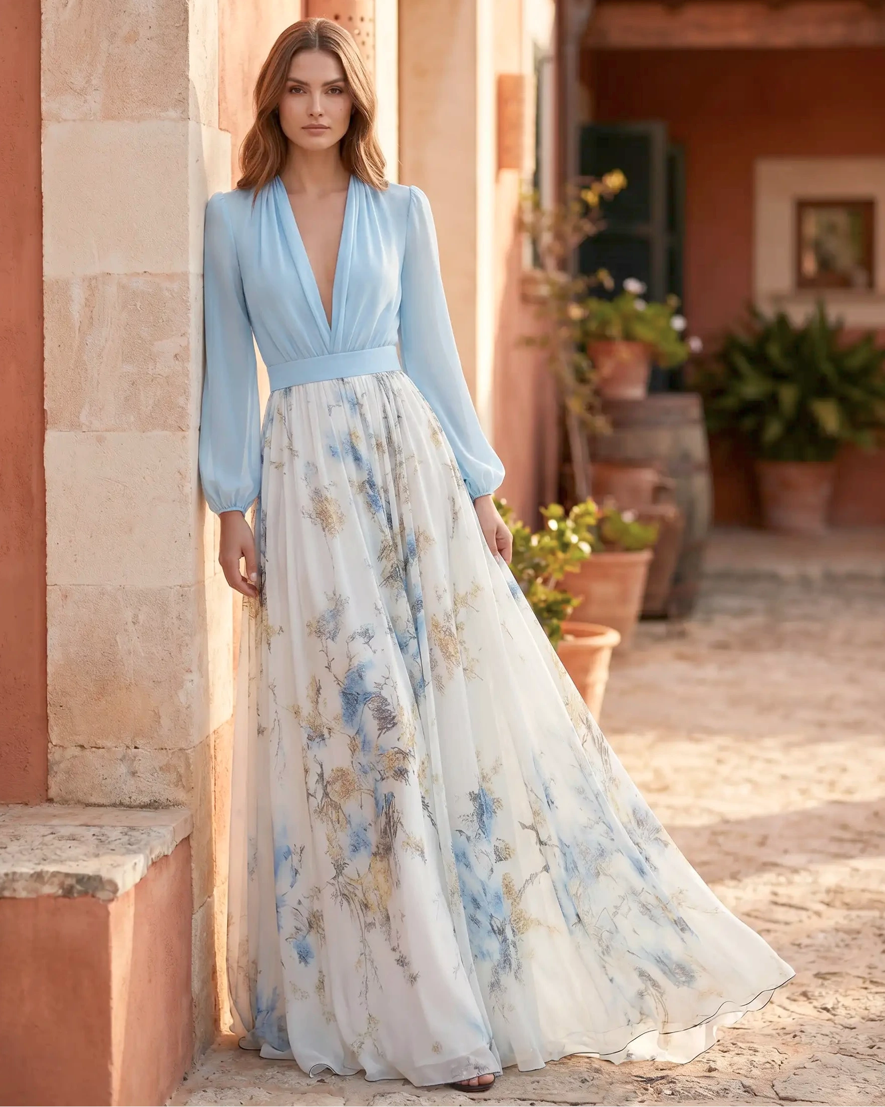 Damen Maxikleid Blumenprint V-Ausschnitt fließend – lebhafter Sommerlook für besondere Anlässe | Adeline