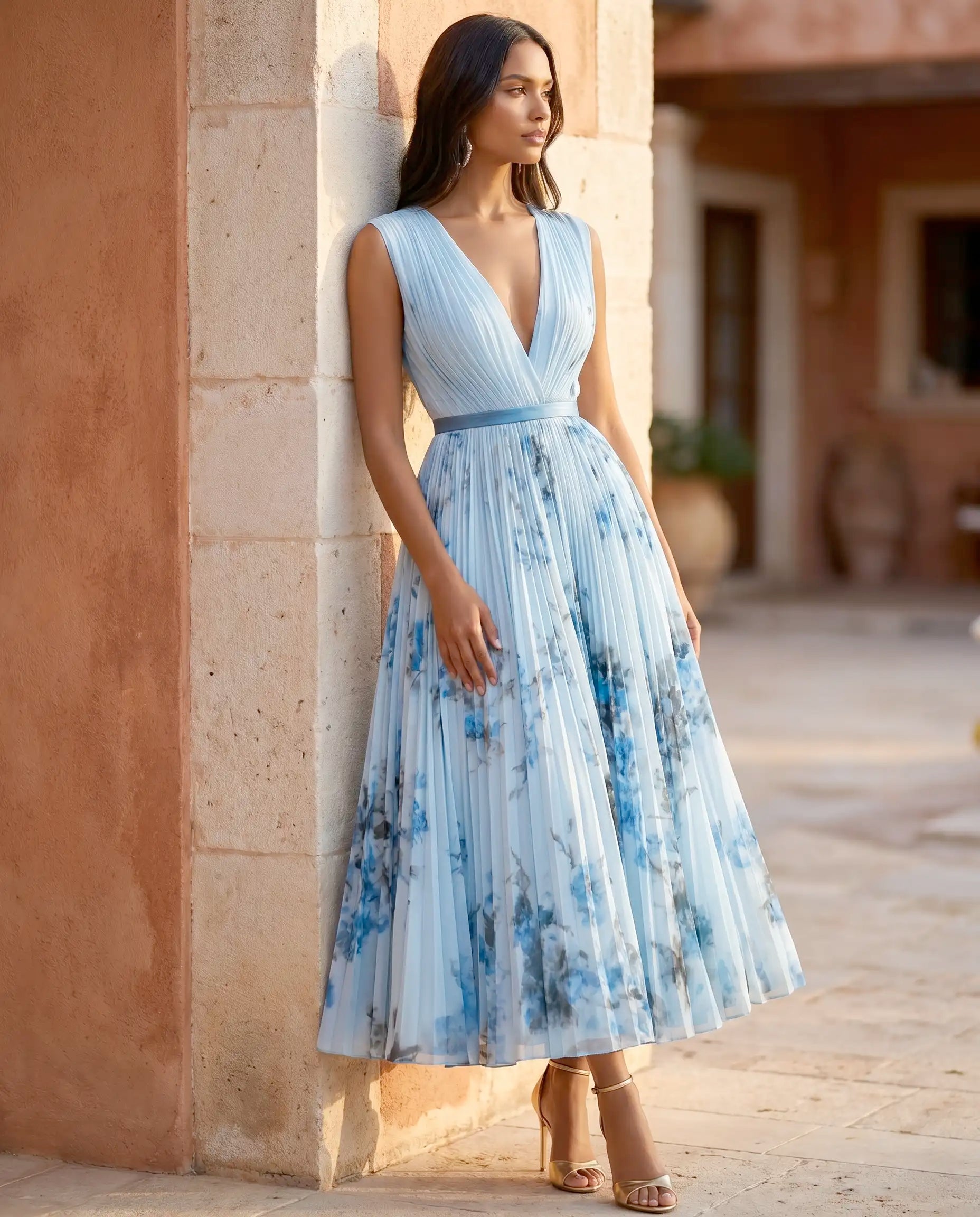Damen Maxikleid ärmellos V-Ausschnitt fließend – für Sommer, Urlaub & Hochzeitsgast | Alina