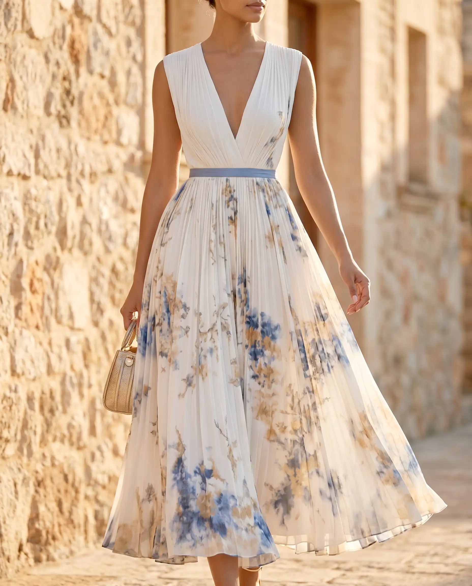 Damen Maxikleid ärmellos V-Ausschnitt fließend – für Sommer, Urlaub & Hochzeitsgast | Alina