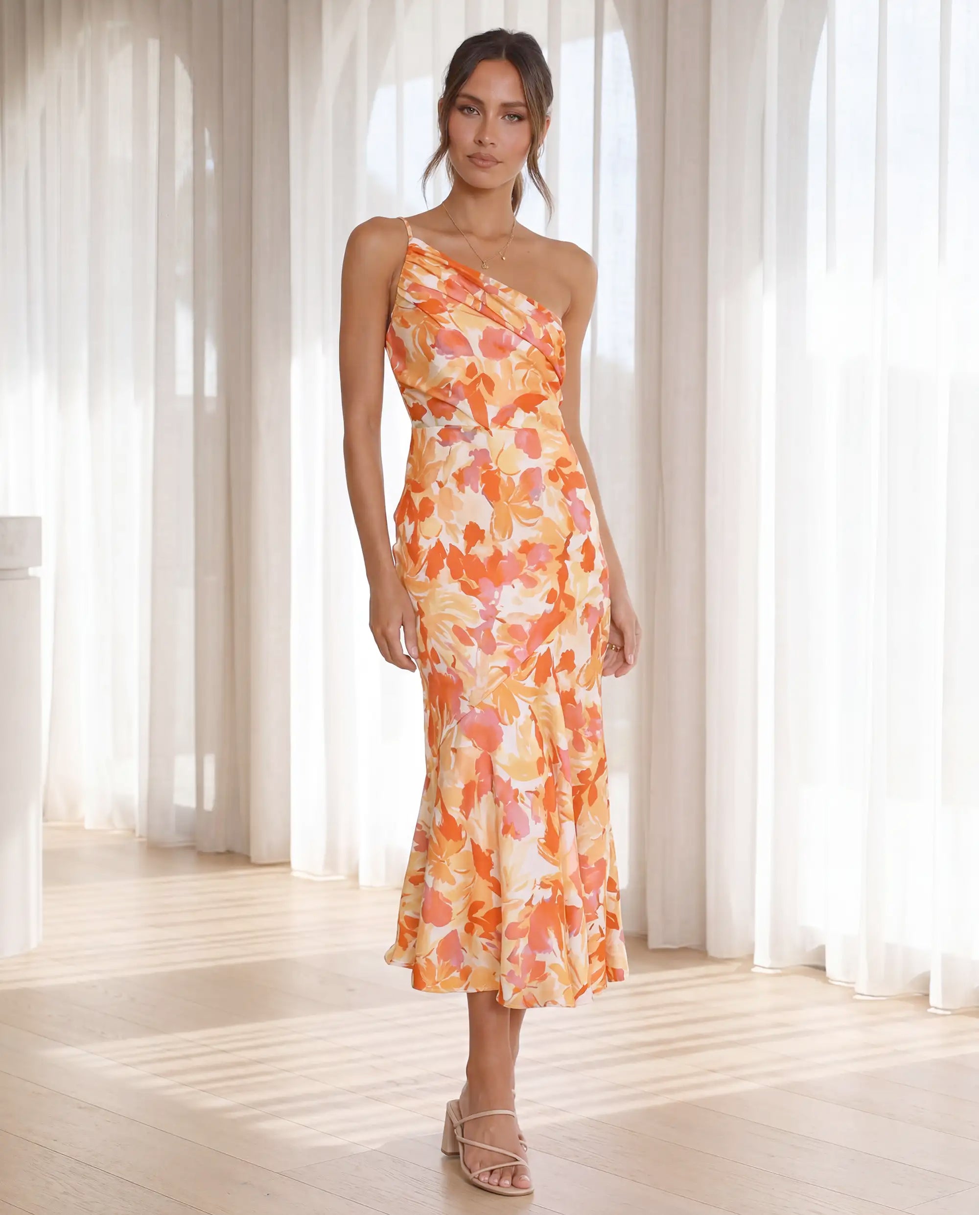 Damen Maxikleid One-Shoulder fließend mit floralem Muster – romantisch-elegant für besondere Anlässe | Ayla