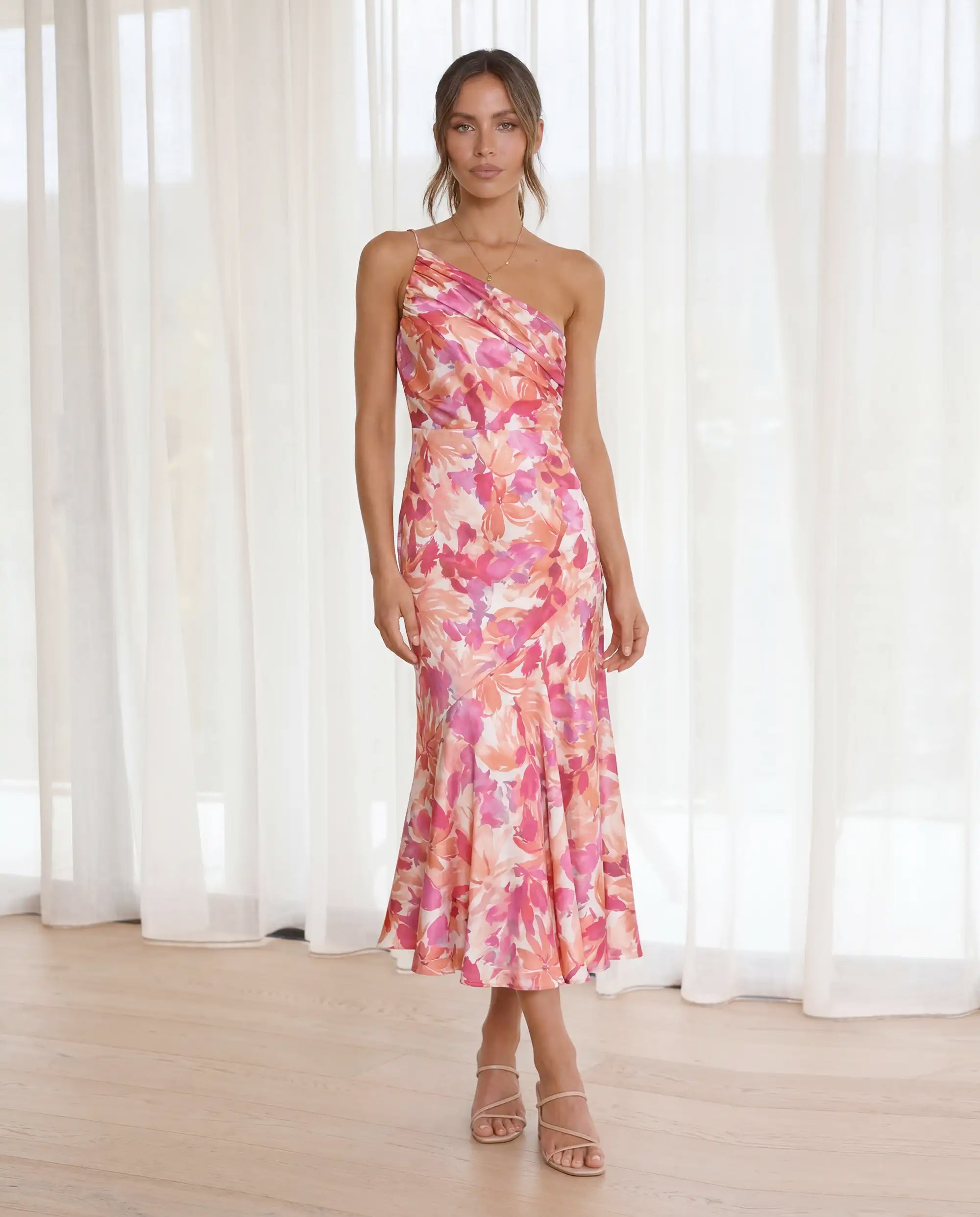 Damen Maxikleid One-Shoulder fließend mit floralem Muster – romantisch-elegant für besondere Anlässe | Ayla