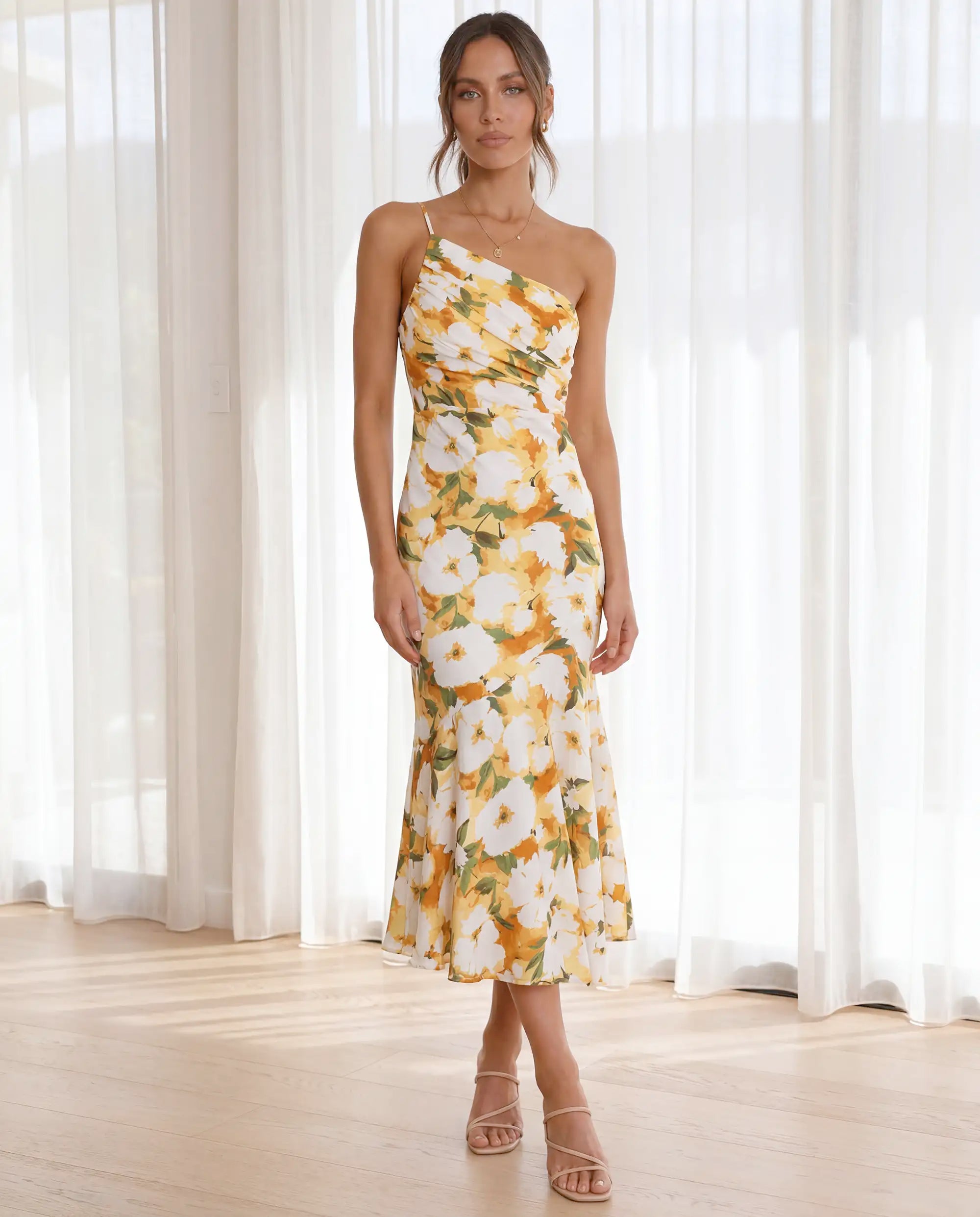 Damen Maxikleid One-Shoulder fließend mit floralem Muster – romantisch-elegant für besondere Anlässe | Ayla