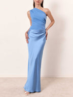 Damen Maxikleid One-Shoulder plissiert fließend – Hochzeit & Gala festlich | Kira