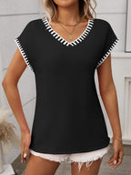 Damen T-Shirt Kurzarm V-Ausschnitt Strick mit Kontrastdetails – lässig & vielseitig | Lea