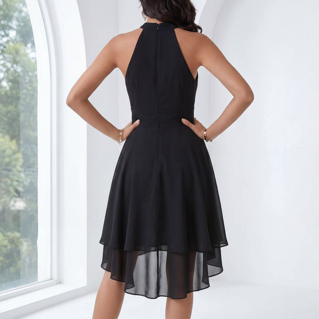 Damen Chiffon Midikleid Neckholder – A-Linie, rückenfrei, asymmetrischer Saum, festlich | Flora