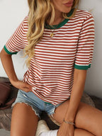Damen T-Shirt Kurzarm Streifen Strick Rundhals – lässig & vielseitig kombinierbar | Anna