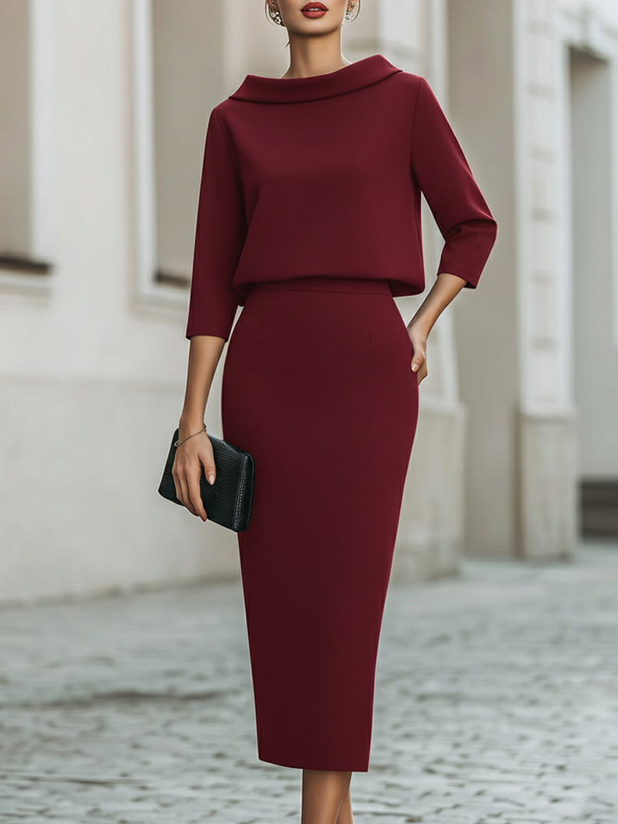 Women's Boat Neck Top and Midi Skirt Set – Three-Quarter Sleeve with Straight Silhouette | Romi