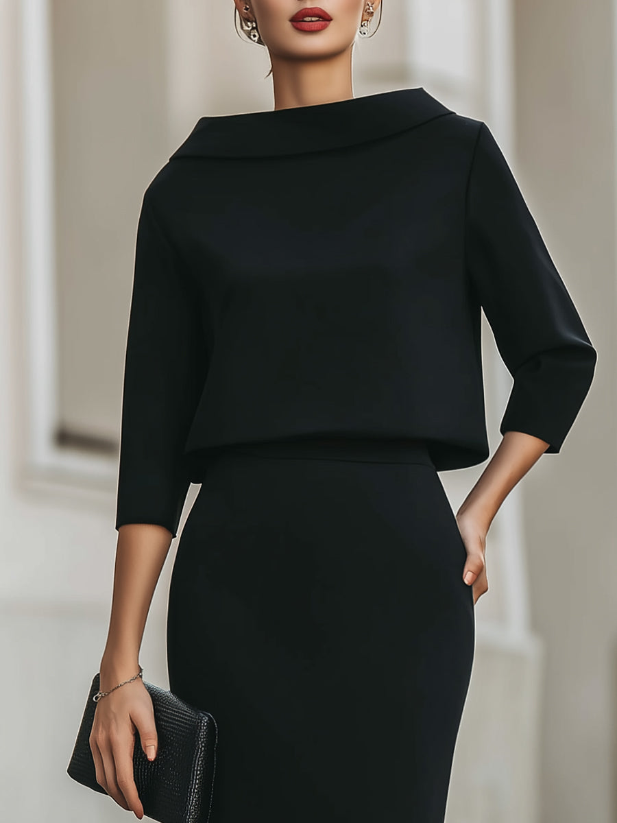 Women's Boat Neck Top and Midi Skirt Set – Three-Quarter Sleeve with Straight Silhouette | Romi