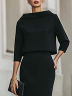 Women's Boat Neck Top and Midi Skirt Set – Three-Quarter Sleeve with Straight Silhouette | Romi