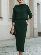 Women's Boat Neck Top and Midi Skirt Set – Three-Quarter Sleeve with Straight Silhouette | Romi
