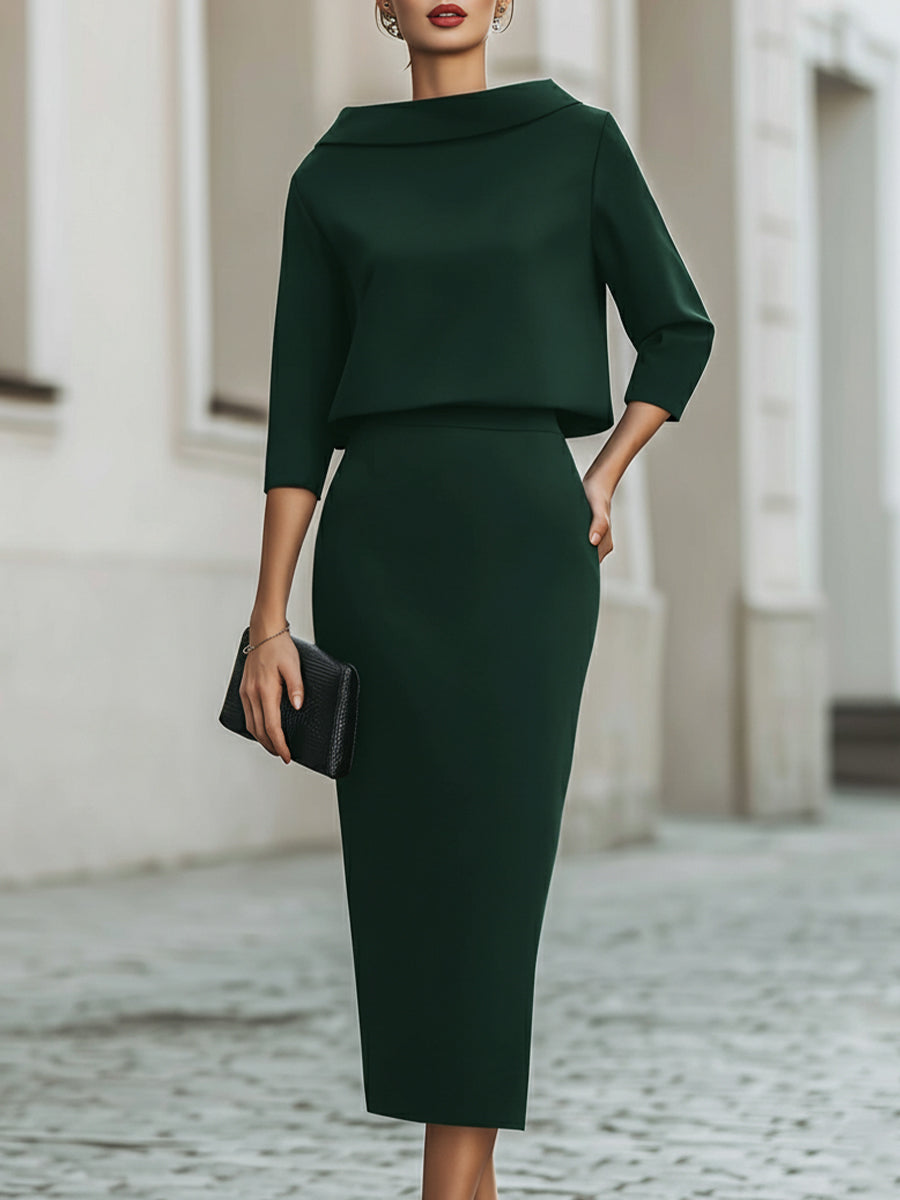Women's Boat Neck Top and Midi Skirt Set – Three-Quarter Sleeve with Straight Silhouette | Romi