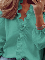 Damen Bluse Langarm V-Ausschnitt mit Rüschen – feminin für Büro & Abend | Lila