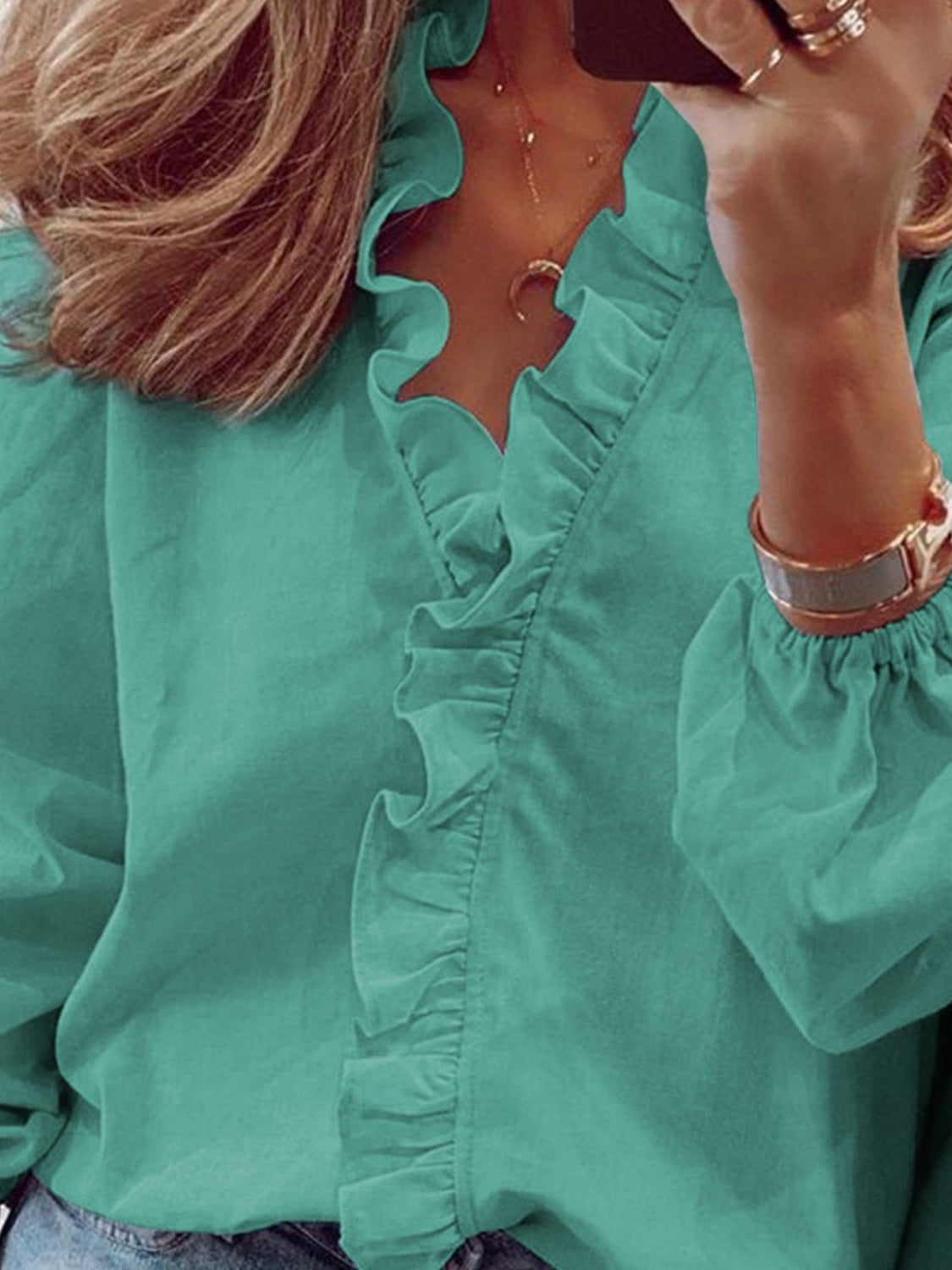 Damen Bluse Langarm V-Ausschnitt mit Rüschen – feminin für Büro & Abend | Lila