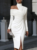 Damen Abendkleid asymmetrisch – Drapiert mit hohem Kragen und einem Schulterdesign | Ornella