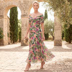 Damen Maxikleid Blumenprint V-Ausschnitt plissierte Taille fließend – Sommer & Hochzeitsgast | Asha