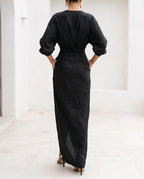 Women's Bodycon Maxi Dress – Wrap Waist, Deep V-Neck, Long Sleeve with Front Slit | Marlene