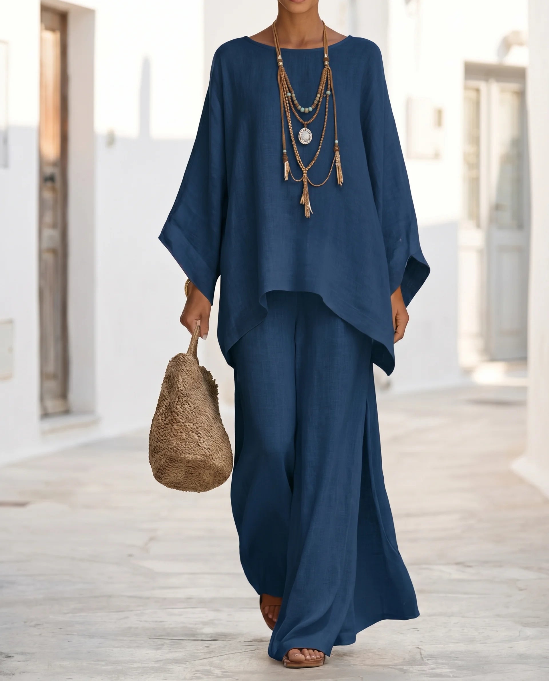 Women's Cotton-Linen Two-Piece Set – Oversized Top with Asymmetric Hem & Wide-Leg Pants | Annabel